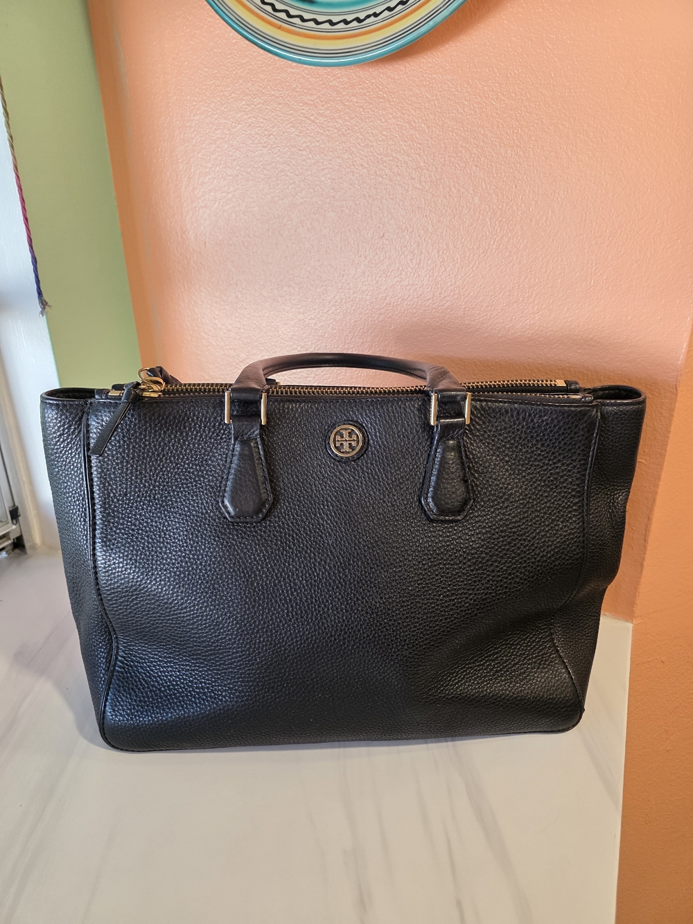 Tory Burch Black Pebbled Leather Tote Luxury Minimalist Chic Preppy Handbag - Picture 15 of 16